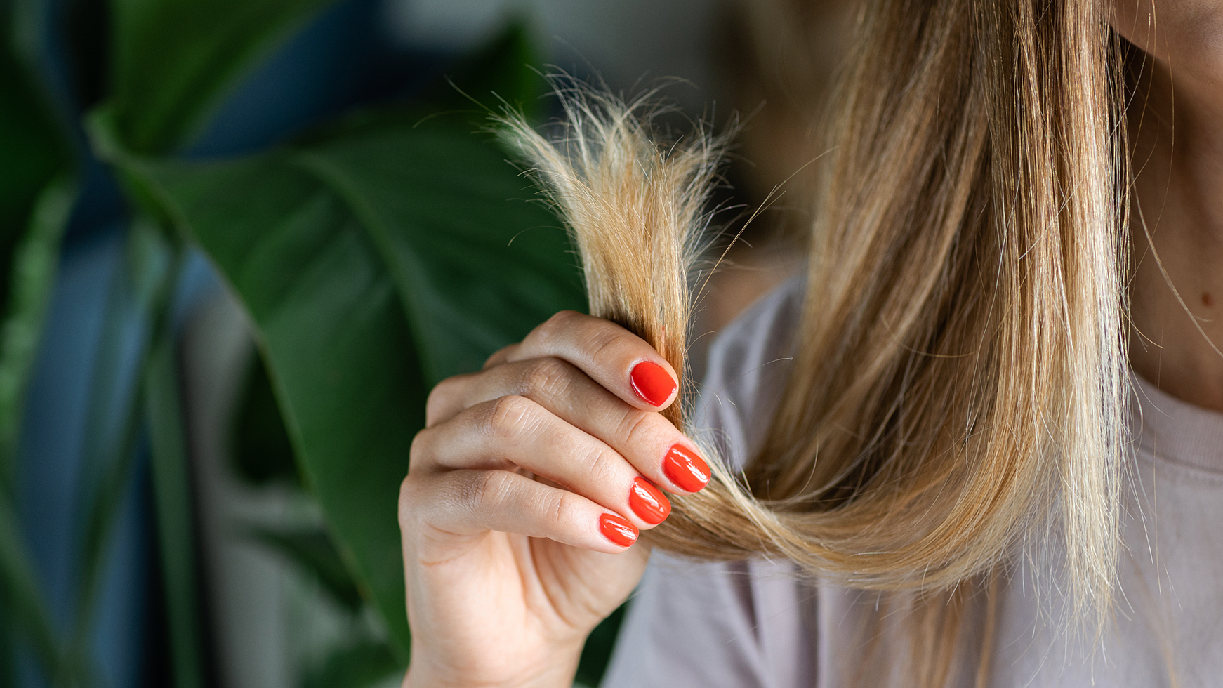 Mulher loira segurando pontas duplas e ressecadas do cabelo, unhas com esmalte vermelho, fundo com planta verde